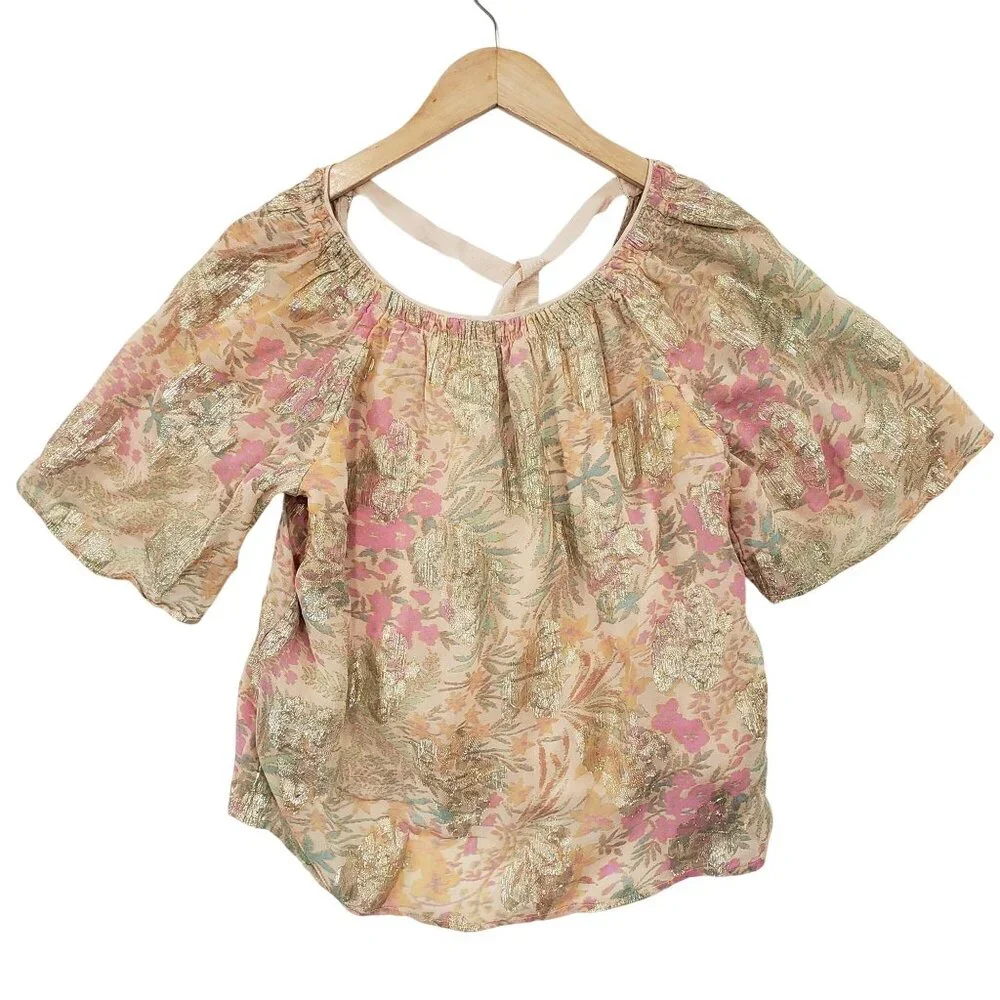 Loft Metallic Floral Print Blouse‎ Top Puff Sleeves Size S Boho Cottagecore